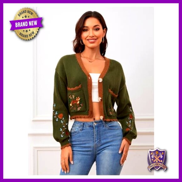 Floral Embroidered Cropped Cardigan, Loose Fit, V-Neck, Button Front, Fall - Picture 5 of 7